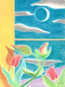 Tulips Under a Crescent Moon